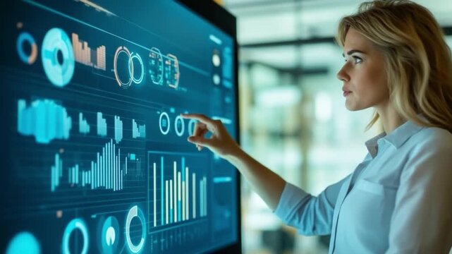 A woman interacts with advanced data visualization on a digital screen. She explores insights through interactive charts and graphs. Innovative technology use. Generative AI.