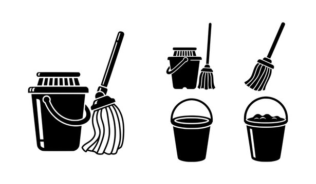 Black mop bucket icon set in solid minimal style for cleaning service and logo design vector