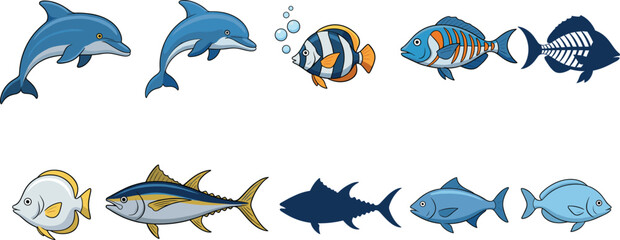 Obraz premium Cartoon sea animals vector set with dolphin and colorful fish. Marine wildlife icons in flat and silhouette styles. Playful ocean creatures collection for kids and education design.