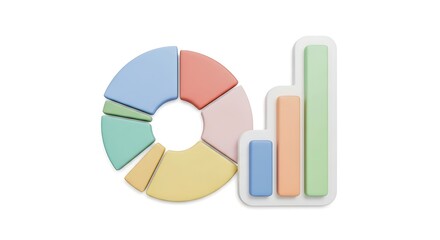 Obraz premium Colorful pie chart and bar graph isolated on white background
