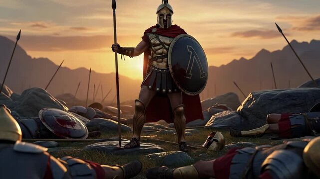 Warrior man standing a battlefield with discarded shield and helmet at sunset, historical war concept
