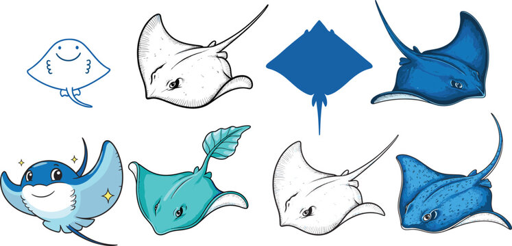 Stingray cartoon vector set. Cute manta ray characters in sketch and color styles. Playful marine animals illustration isolated on white background.