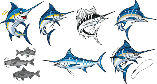 Swordfish and marlin vector set with dynamic jumping poses. Sport fishing marine predators illustration pack. Color, outline and sketch ocean fish collection for logo and apparel design.