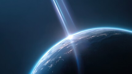 Fototapeta premium Stunning View of Earth Surrounded by Cosmic Light Rays Emitting from the Horizon in a Vivid Science Fiction Conceptual Art Style