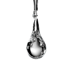 Water droplet forming, suspended in air, isolated on black