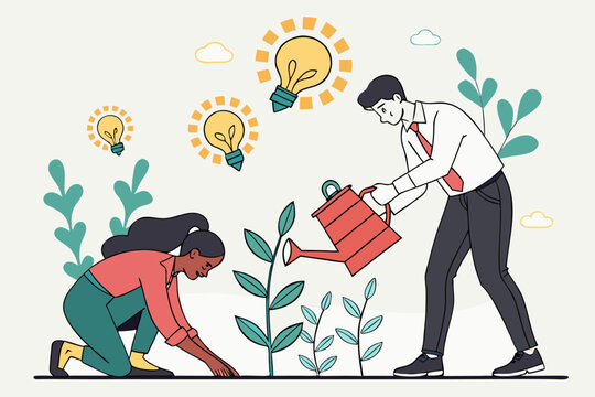 Business growth and idea development vector illustration. man and woman collaborate to nurture plant with glowing light bulbs, symbolizing innovation, teamwork, and investment in future success.