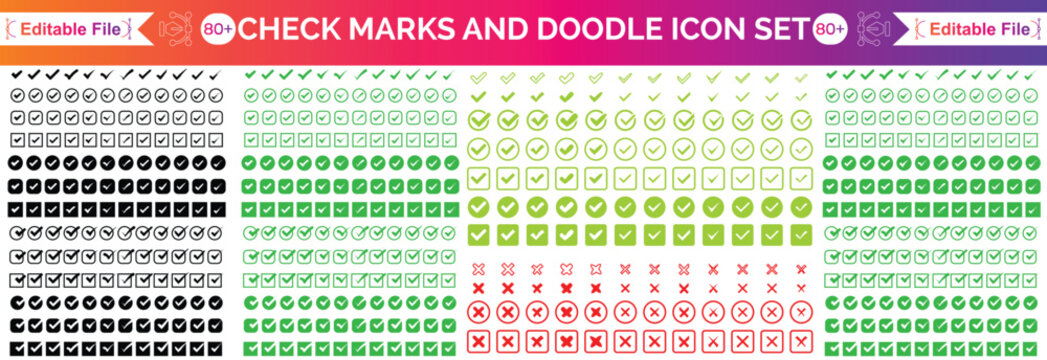 Check tick mark icon set, hand drawn doodle red cross box x check mark green checkbox v, sketch marker checklist symbol right and wrong set - for stock