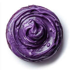 Obraz premium Circular splash swirl of blueberry sauce on fudge, isolated on a white background, showcasing a glossy and indulgent look.