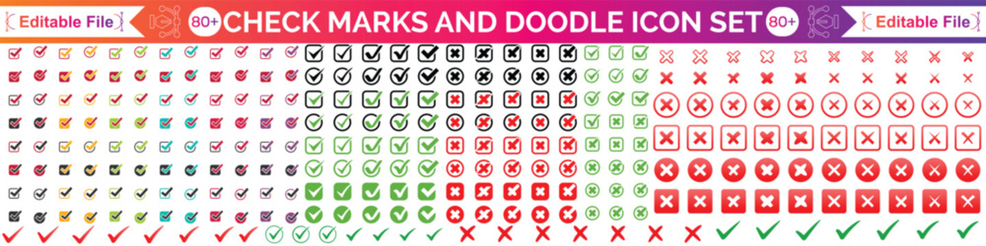 Check tick mark icon set, hand drawn doodle red cross box x check mark green checkbox v, sketch marker checklist symbol right and wrong set - for stock