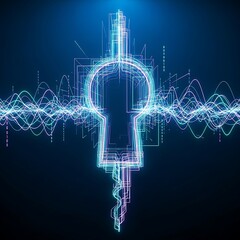 Abstract Digital Keyhole with Neon Waves, Binary Code. Cybersecurity, Data Protection, Technology, Access, Network Security Concept.