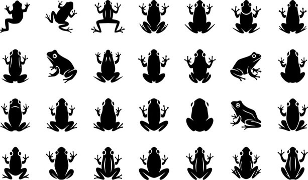 A grid of 28 black frog silhouettes in varied poses and perspectives. Simplified and stylized for clarity, these icons are great for nature-themed designs, educational tools, and pattern creation.