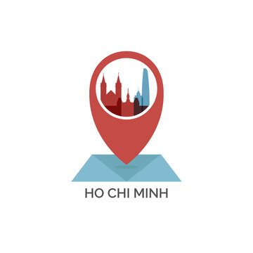 Ho Chi Minh icon of map pin pointer, geolocation, skyline shape. Vector logo, isolated clip art. Vietnam web symbol with landmarks and buildings