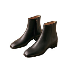 Pair of black leather ankle boots with zippers on dark backdrop