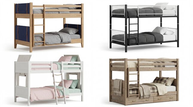 Bunk Bed Variety: An inviting display showcases a selection of bunk beds, perfect for maximizing space and style in any bedroom, offering cozy sleeping solutions.