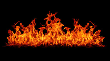 Fototapeta premium Bright orange flames dance and flicker across a dark black background, creating a vibrant display. A vivid horizontal border of intense fire and glowing embers against a deep black void.