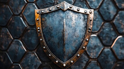 Heavily textured metallic heater shield rests against a background of dark, scaled armor plating