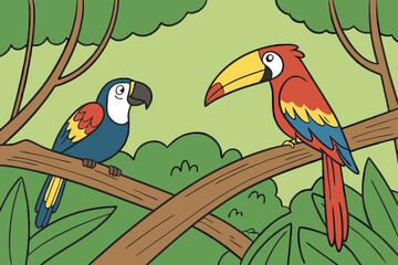 Obraz premium Vibrant tropical birds illustration featuring a cartoon blue macaw and a red toucan perched on tree branches in lush green jungle foliage. exotic forest wildlife vector art.