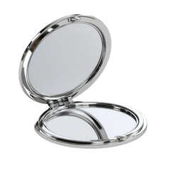 Opened compact mirror with silver frame and hinge reflecting its second mirror