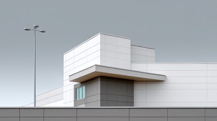 Obraz premium Modern Architectural Design of a Commercial Building with Minimalist Elements and Geometric Shapes Against a Clear Sky