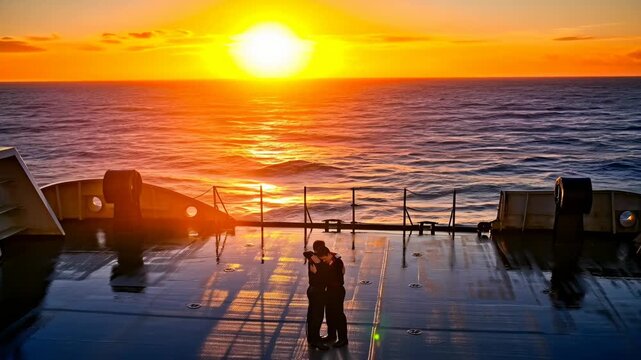 Two men in uniform embracing on a ship deck at sunset. Farewell or reunion concept for military personnel leaving or returning from deployment.