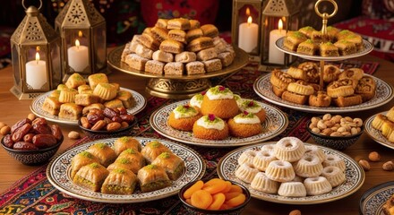 Fototapeta premium Traditional Middle Eastern Sweets and Desserts on Plates.