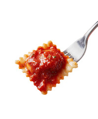 Ravioli on a fork, topped with rich red sauce