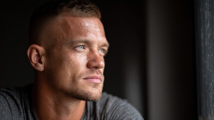 Fototapeta premium Man looks thoughtfully out of a window while seated indoors during a quiet moment