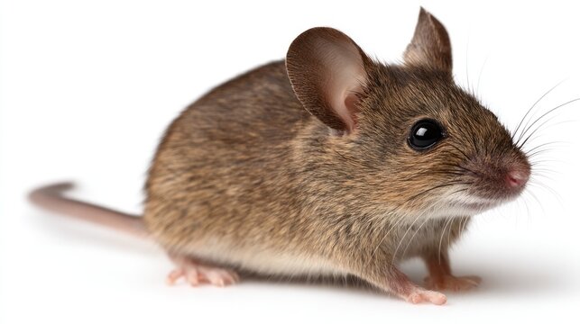 Small mouse standing on a white surface while observing its surroundings