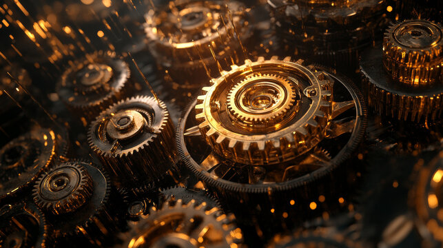 Close-up of intricate, glowing golden and dark metal clockwork gears with sparking golden oil or lubricant droplets in motion