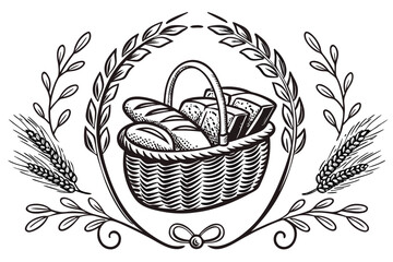 Fototapeta premium Vintage basket of bread with wheat sheaves illustration