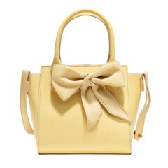 Pale yellow tote bag with handle and crossbody strap, adorned with soft bow
