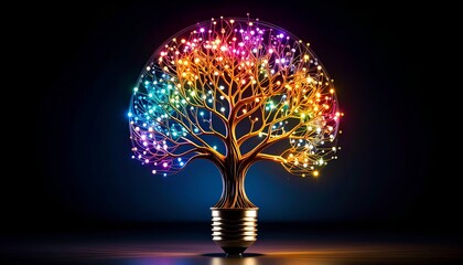 Digital tree of lightbulb with glowing circuits, dark background