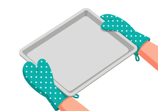 Clad in teal polka-dot oven mitts, a pair of hands firmly holds a clean, empty grey baking tray in this isometric vector illustration
