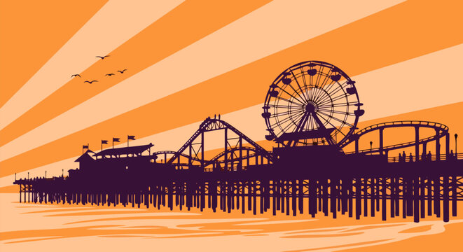 Amusement park vector illustration on a pier with a Ferris wheel and roller coaster at sunset with birds flying
