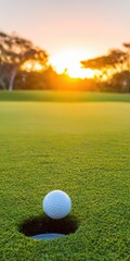 Obraz premium Golf ball hovering above hole at sunset