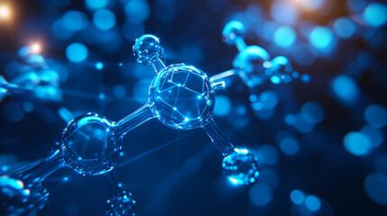Abstract glowing blue molecular structure symbolizing chemistry, nanotechnology, science research, and complex digital data connections