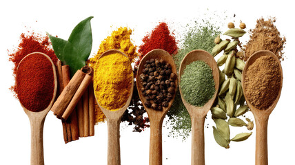 Colorful spices arranged in wooden spoons