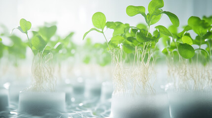 Vibrant green seedlings growing hydroponically with visible white roots suspended above water in a modern, bright agriculture setup