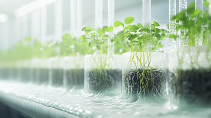 Advanced hydroponics system showcasing vibrant green sprouts growing with detailed root systems in a sterile, futuristic agricultural setting