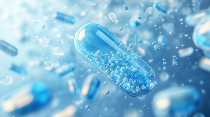 Macro close-up of a translucent blue gelatin capsule dissolving, releasing microscopic particles in a vibrant abstract blue liquid environment, symbolizing medicine or supplements.