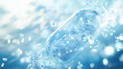Abstract concept of a translucent blue gel capsule filled with micro-particles dissolving in a bright, ethereal, liquid or watery environment