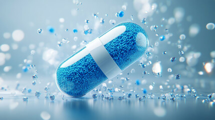Macro close-up of a translucent medical capsule filled with blue micro-granules suspended in a dynamic, bright blue liquid environment