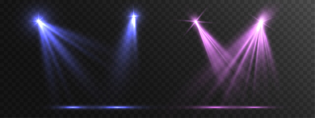 Obraz premium Light colorful stage spotlights with glowing beams on transparent background.