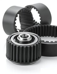 Close-up of black gears and rubber belts, components on white background