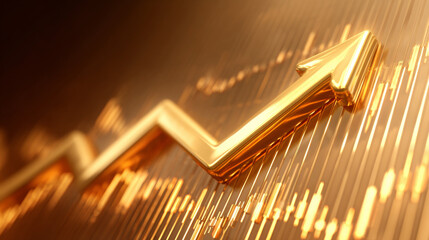 Golden 3D chart arrow indicating strong upward trend and financial growth over abstract candlestick background