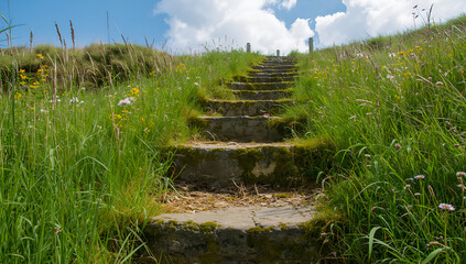 Obraz premium Stone Staircase in Green Meadow Under Blue Sky with Clouds