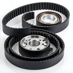Close-up of black toothed rubber belts and metallic circular mechanical parts