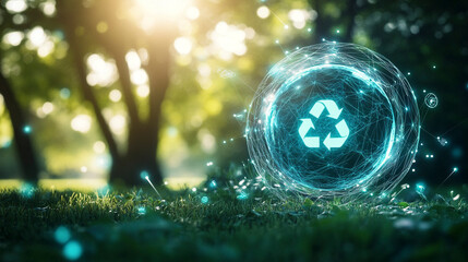 Digital recycling symbol with green technology concept in nature