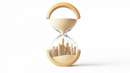 Conceptual hourglass with miniature city skyline built from sand, symbolizing time running out for urban development or future planning