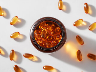 Top view of amber supplement capsules in glass bottle on white background